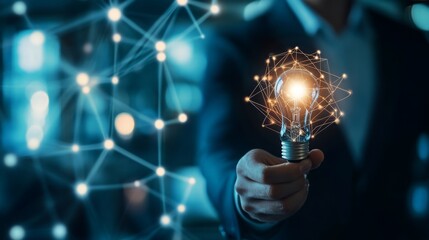A person in a suit holds a glowing light bulb, symbolizing innovation and creativity, with a background of digital connections.