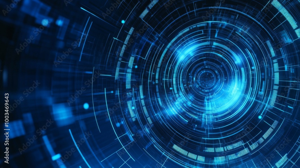 Fototapete an abstract, circular design with luminous blue lines and data patterns, evoking a futuristic, digit