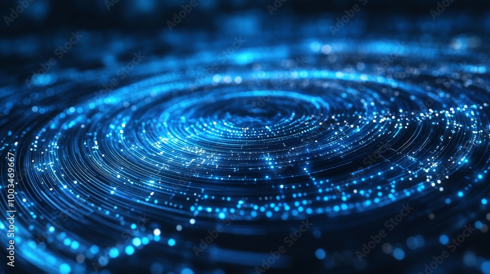 Aufkleber an abstract digital design featuring swirling blue lights and particles, creating a cosmic, galactic