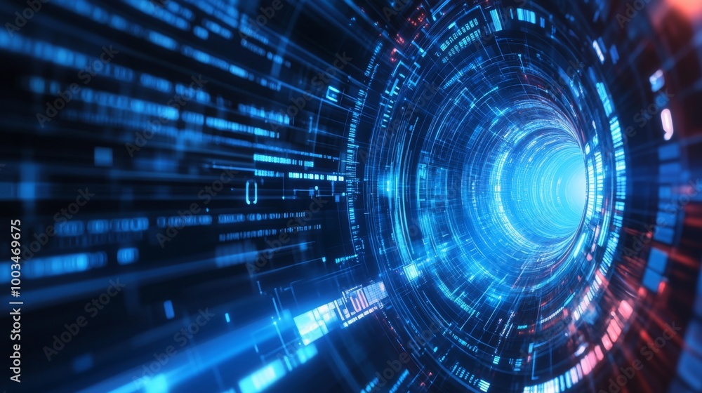 Poster a vibrant digital vortex with blue and red data streams, representing advanced technology and data f