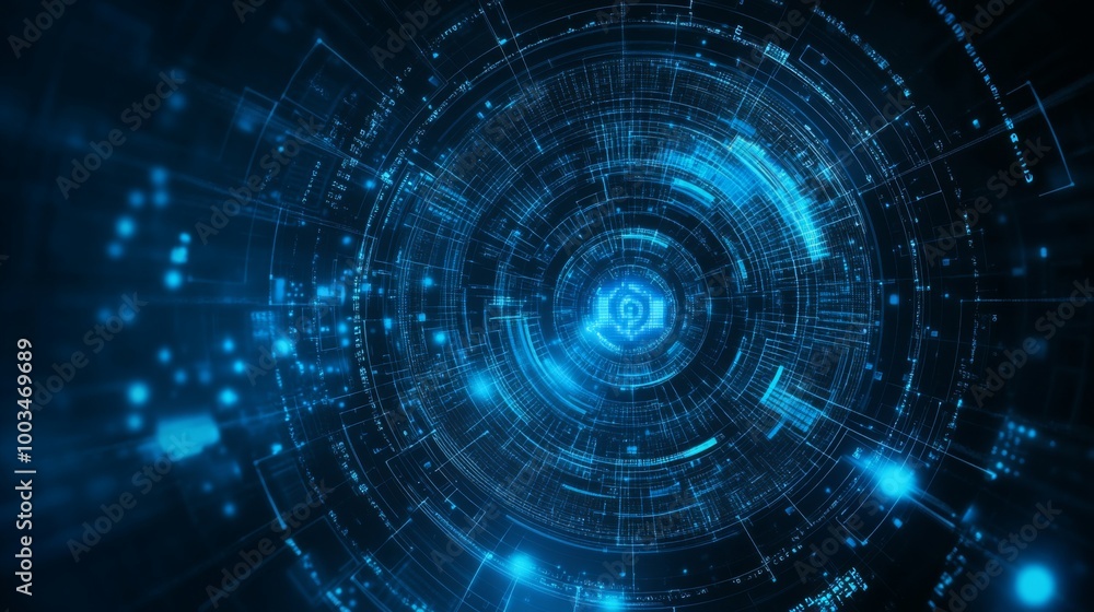 Leinwandbilder a futuristic blue digital tunnel resembling a network of data, with glowing lines and dots creating 