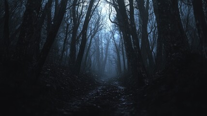 Fototapeta premium A Dark and Foggy Path Through a Dense Forest