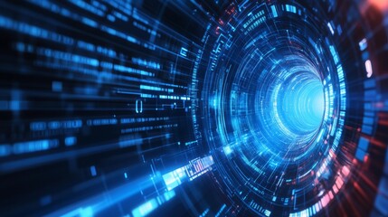 Fototapeta premium A vibrant digital vortex with blue and red data streams, representing advanced technology and data flow in a futuristic environment.