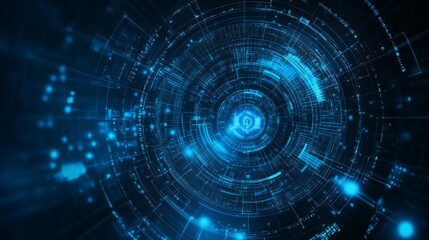 A futuristic blue digital tunnel resembling a network of data, with glowing lines and dots creating a sense of depth and movement.