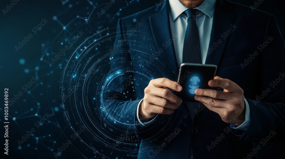 Poster a businessman in a suit uses a smartphone, surrounded by a digital network, symbolizing technology a