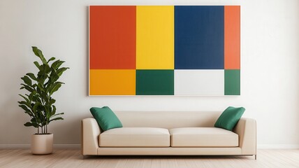 Modern living room decor with colorful artwork and green plant.