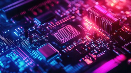 Fototapeta premium Close-up of illuminated electronic circuit board with colorful glowing lights