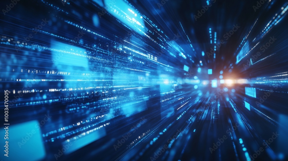 Fototapete A dynamic image showcasing blue lines and particles representing data streams, conveying a sense of speed and technology.
