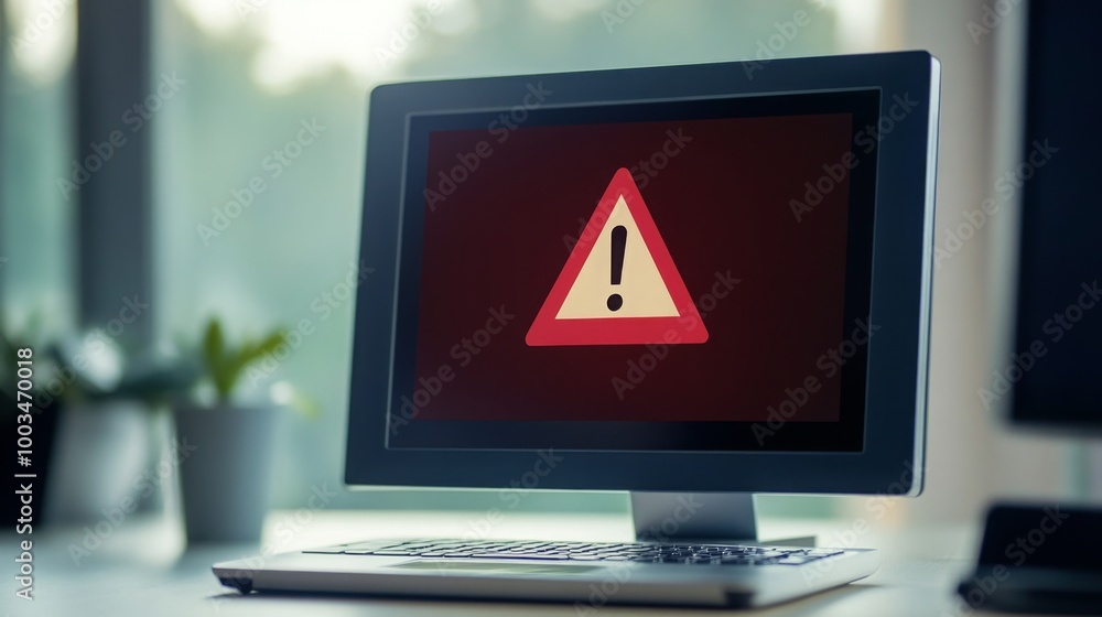 Fototapete A computer screen displays a red warning triangle with an exclamation mark, indicating a potential issue or alert in a bright indoor setting.