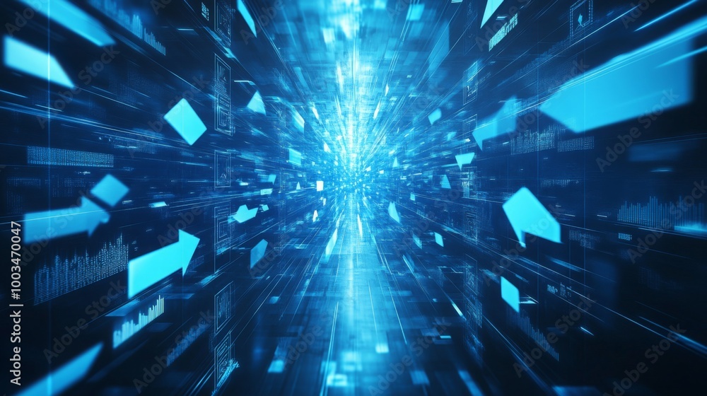 Poster a futuristic, digital tunnel of light and data flows, showcasing dynamic blue elements against a dar
