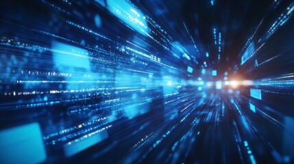 A dynamic image showcasing blue lines and particles representing data streams, conveying a sense of speed and technology.