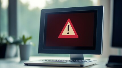 A computer screen displays a red warning triangle with an exclamation mark, indicating a potential issue or alert in a bright indoor setting.