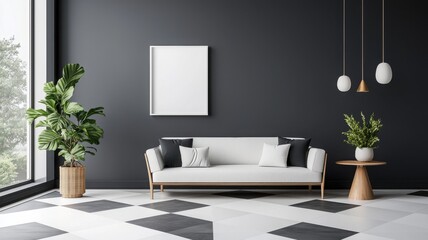 Modern living room with a stylish sofa and indoor plants against a dark wall.