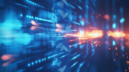 Fototapeta premium A dynamic digital landscape featuring vibrant blue and orange lights, symbolizing speed, technology, and data flow.