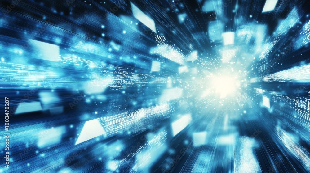 Fototapete an abstract image depicting a burst of blue light and digital particles, symbolizing speed and techn