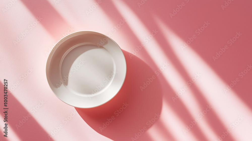 Poster empty white plate casting shadow from window on pink background
