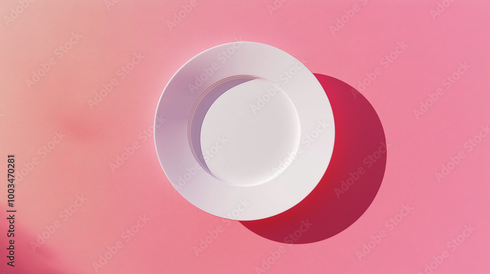 Aufkleber white empty plate casting shadow on pink background