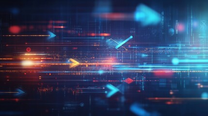 Obraz premium A vibrant abstract composition featuring dynamic lines and arrows in blue and orange hues, suggesting movement and digital technology.