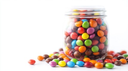 A jar of assorted candies against a clean, white background, providing ample space for adding text or logos.