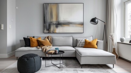 Minimalist living room interior with gray walls decorated with abstract paintings AI generated image
