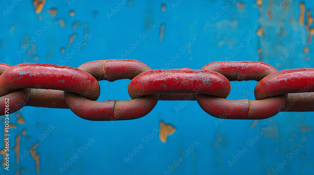 Poster Red rusty chain hanging on blue background