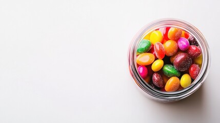 A jar of vibrant candies, set against a clean white background, providing space for text or additional design elements.