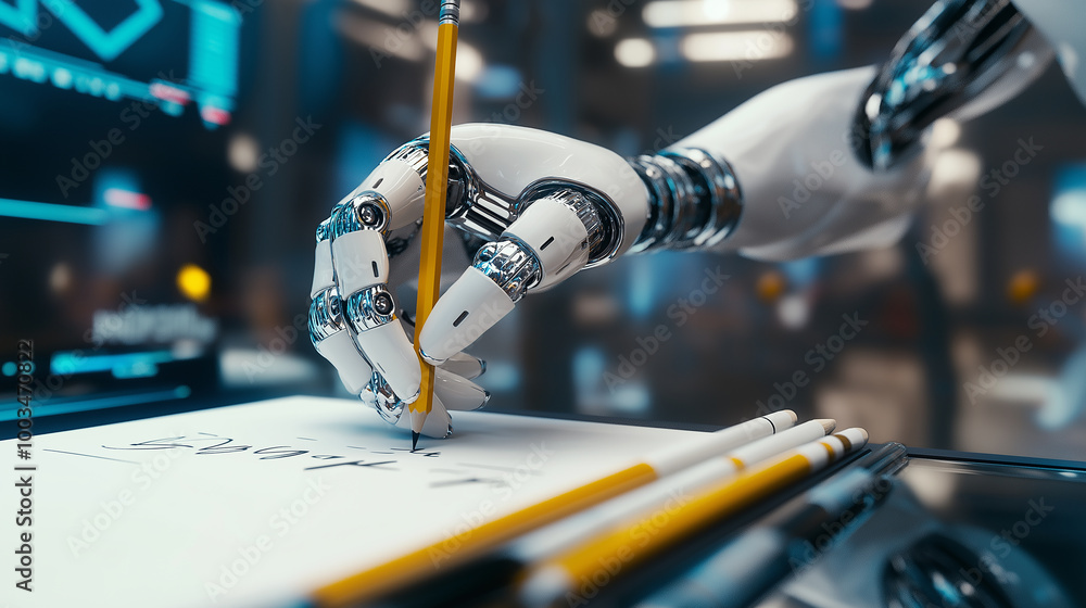 Poster Robot hand writing with pencil on paper in office using artificial intelligence
