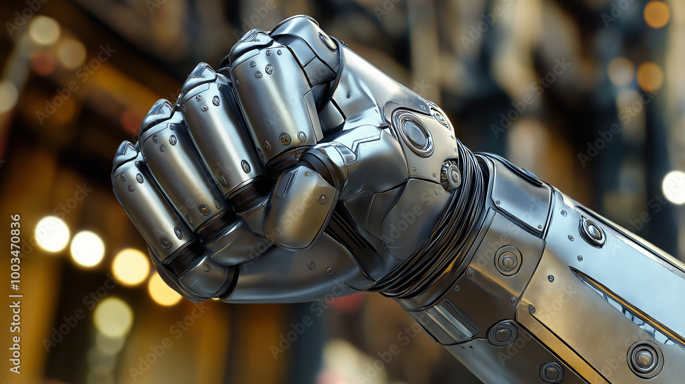 Aufkleber metallic robot hand making fist with blurred background