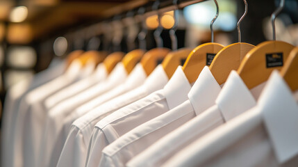 Fototapeta premium Row of new white shirts hanging on wooden hangers in a shop boutique