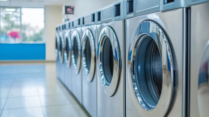 Row of washing machines standing inside public laundromat or laundry room
