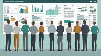 Obraz premium A business team standing in front of a large screen, discussing data and collaborating on a project, with room for text on teamwork. Flat design