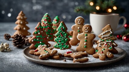 Christmas cookies featuring snowmen, gingerbread men, and Christmas trees
