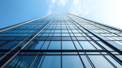 Fototapeta premium Modern skyscraper with reflective glass facade under a clear blue sky.
