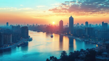 Fototapeta premium Stunning sunset over river with cityscape and skyscrapers