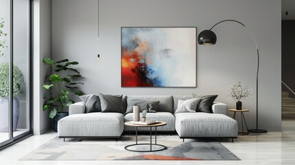 Minimalist living room interior with gray walls decorated with abstract paintings AI generated image
