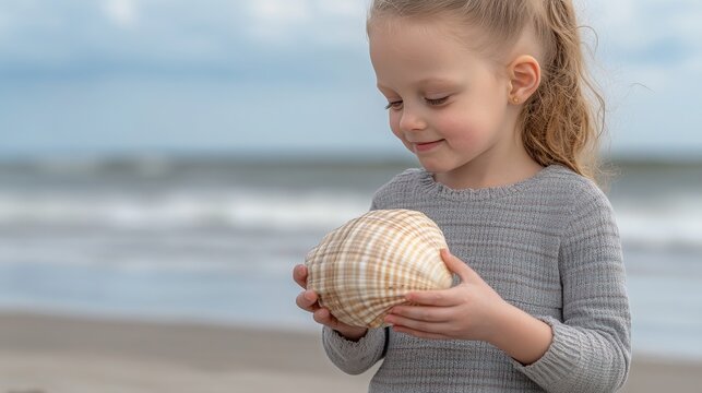 Child joyfully holding a seashell at the beach