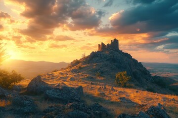 Fototapeta premium Serene Sunset Over Ancient Ruins on Rocky Landscape