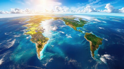 Fototapeta premium A mesmerizing view of Earth from space, highlighting the natural beauty of continents and oceans bathed in sunlight.