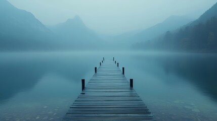Misty Mountain Lake with Wooden Dock