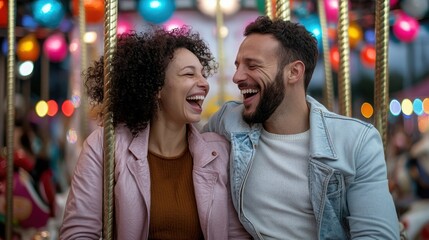 Fototapeta premium Happy couple enjoying a fun moment at a carnival with colorful lights.