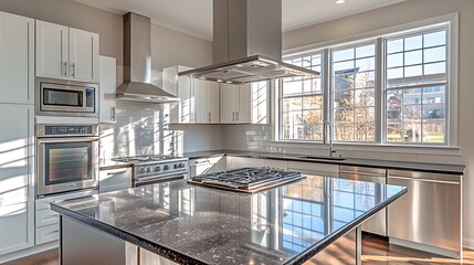 Modern kitchen with stainless steel appliances, white cabinets, and a large island with granite countertop.