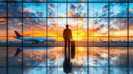Silhouette of a man with luggage at airport with sunset view.
