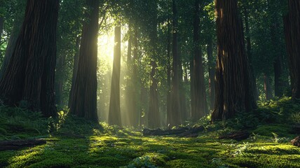 Obraz premium Sunlight Streaming Through Tall Trees in a Lush, Green Forest