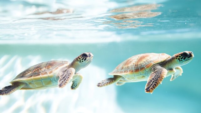 Two sea turtles swimming underwater in clear blue - Powered by Adobe