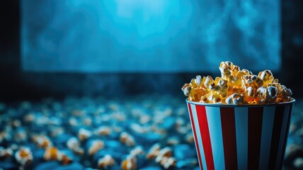Bucket of popcorn in cinema setting with dimly lit screen background