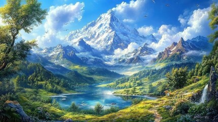 A peaceful scene of Earth natural beauty, with green valleys, crystal-clear lakes, and majestic mountains.