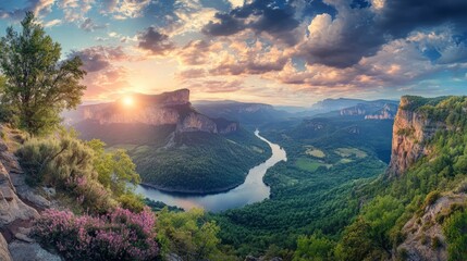 Majestic National Park Panorama, sweeping views of towering mountains, verdant forests, meandering rivers, vibrant colors illustrating nature's beauty and harmony.