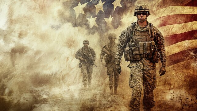 Military personnel in camouflage uniforms walk with American flag background