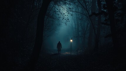 A lone figure walking down a foggy forest path lit by a single lamppost