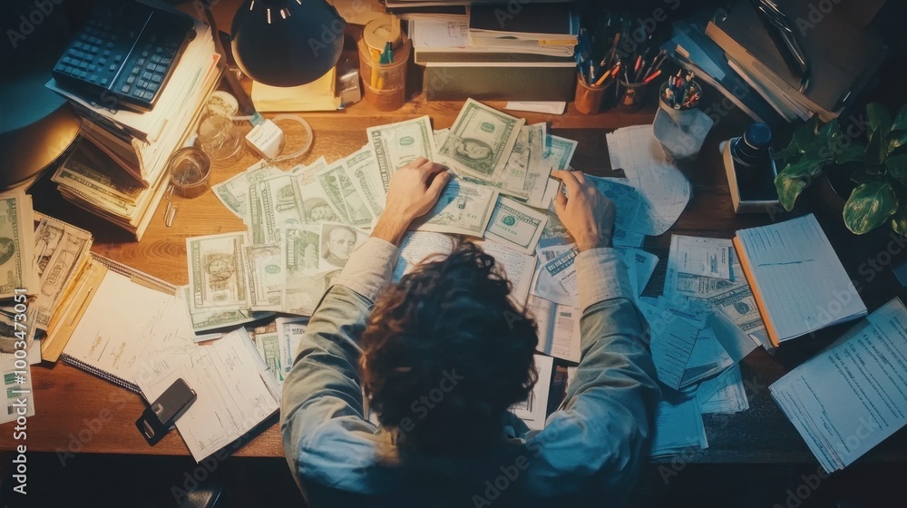 Aufkleber a person balancing books and calculating profits while working on a desk covered with money and offi